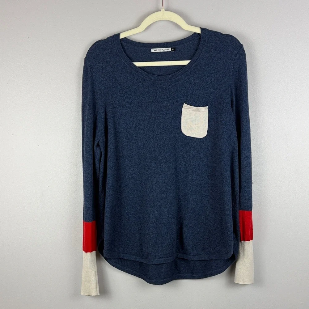 Zaket & Plover Blue Cotton Cashmere Blend Long Sleeve XL Top Red Cream Accents - Picture 2 of 12